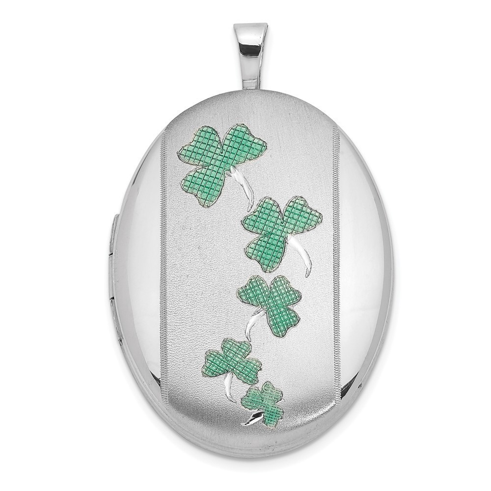 925 Sterling Silver Satin Enameled Clover Shamrocks 26x20mm Oval Locket Pendant